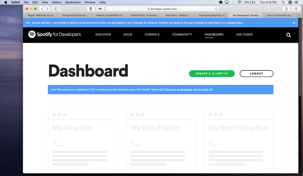 Spotify Dashboard screen for Developers