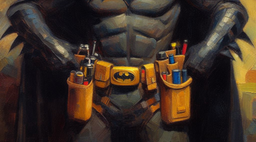 A toolbelt with many tools, on a crime fighter