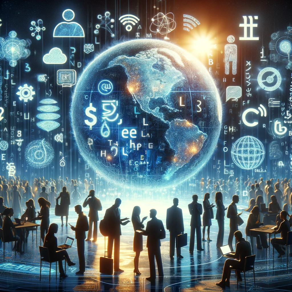 An illustration showing a group of people engaging with digital holograms of language models, represented by abstract, futuristic language symbols and codes floating in the air. They are gathered around a large, glowing globe symbolizing emerging markets. In the background, a silhouette of a person holding a laptop, symbolizing the blogger, observes the scene. The atmosphere conveys a sense of vibrant collaboration and innovation in learning and technology.