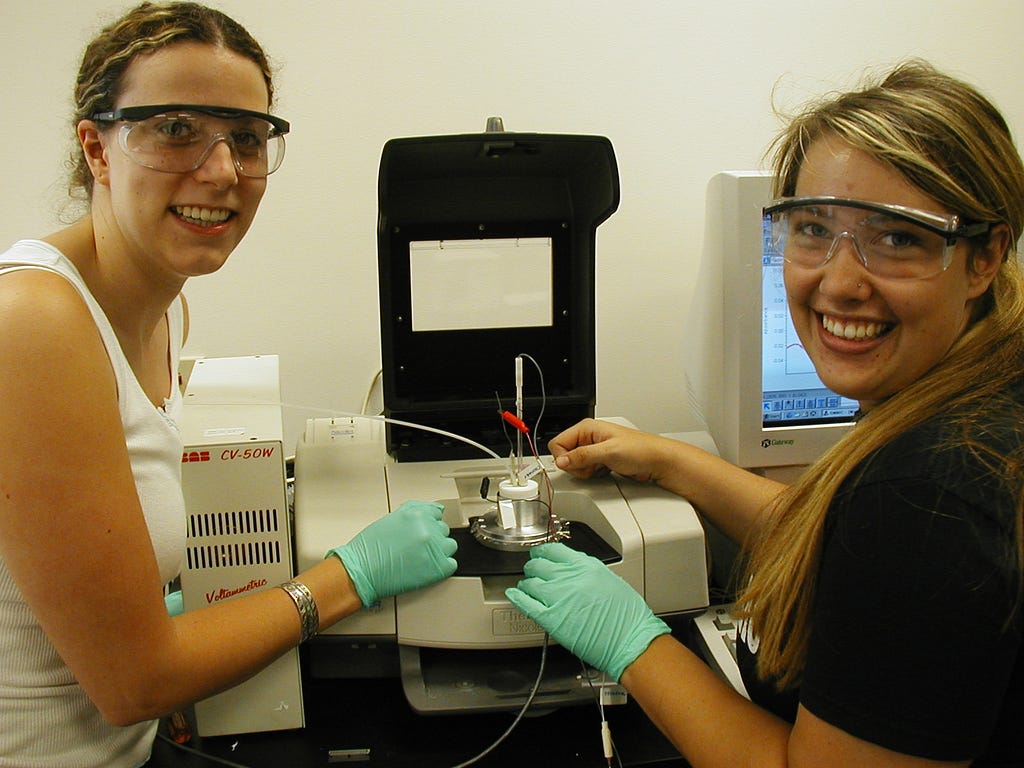 Dr. Holman’s research students Lea and Anna testing a new lab apparatus to study an anti-cancer agent.