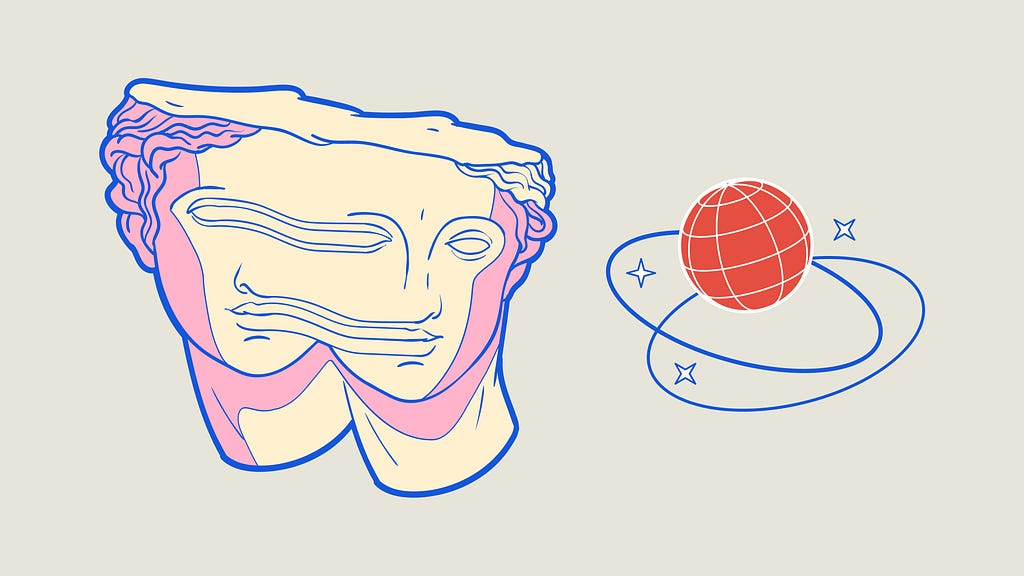 An abstract, colourful illustration of a head that’s melting into another head. A planet is next to it.