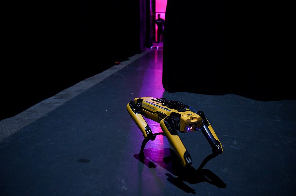 a Boston Dynamics robot police dog is standing in a dark room. A person is standing in an open doorway at the back of the room.