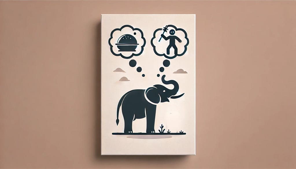 A minimilistic design showing an elephant thinking of stick and food.