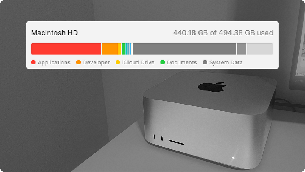 “Mac Studio on a desk with an overlay graphic showing Macintosh HD storage capacity and usage by different categories such as Applications, Developer, iCloud Drive, Documents, and System Data.”