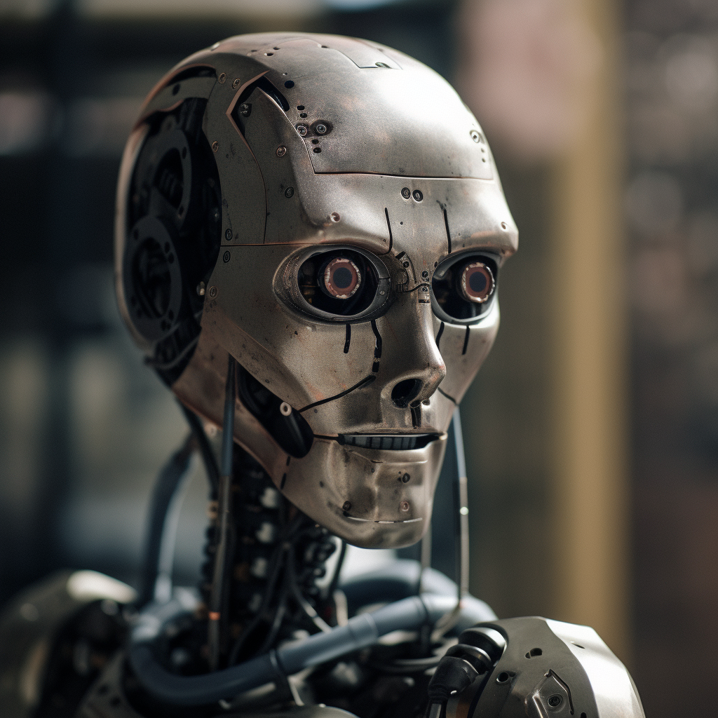 A silver robotic figure with a human-like face, showcasing anthropomorphism in artificial intelligence and technology.