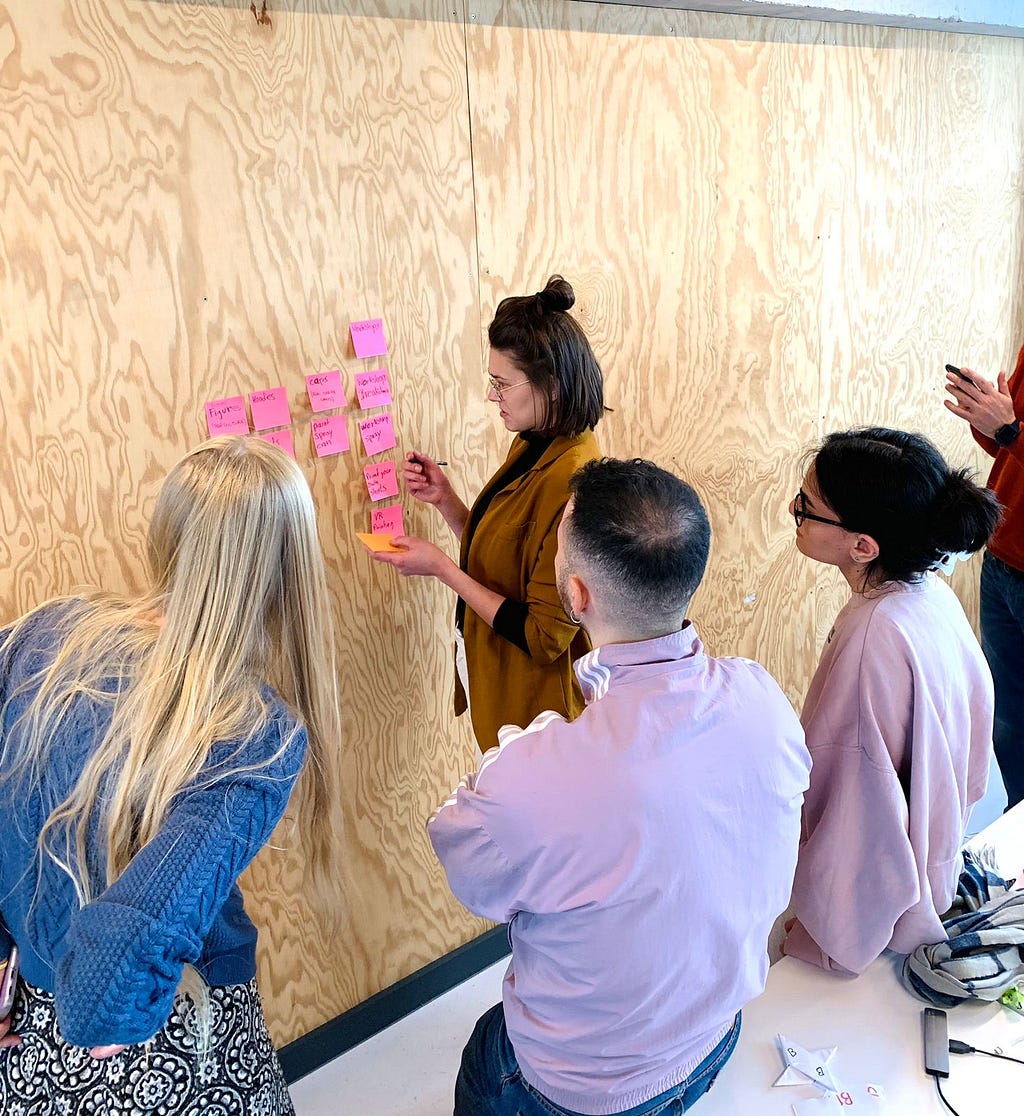Four people looking at post-its on the wall. A woman is reorganizing them.