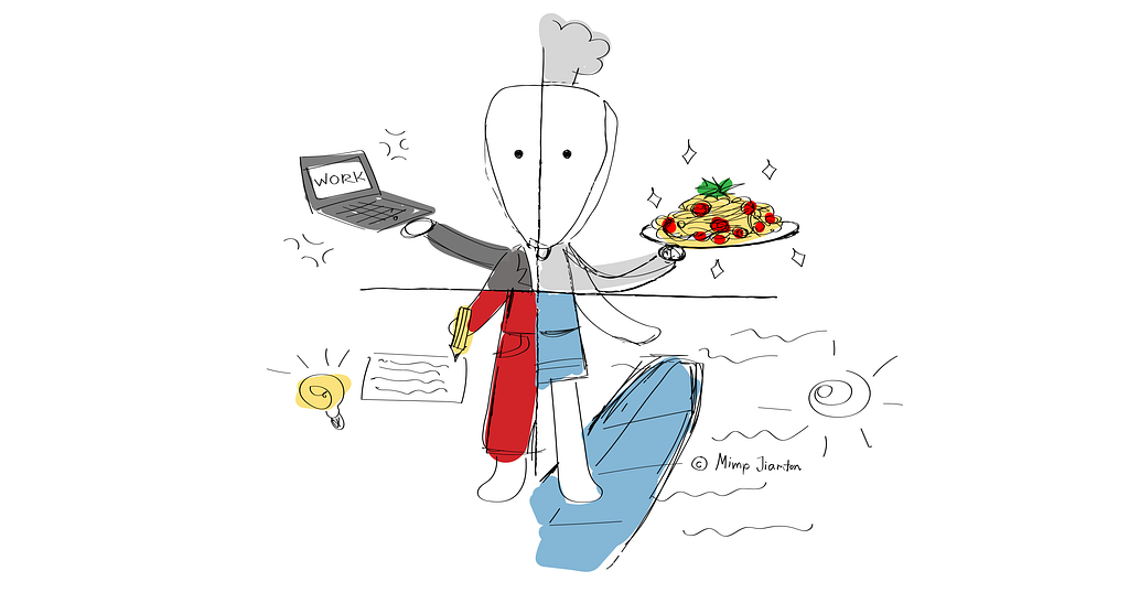 An illustration of a human, split into 4 alter-egos; one holding a work laptop, one with a plate of spaghetti, one writing, one surfing.