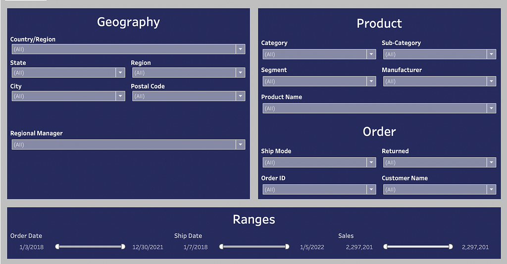 Same filters, but further organized with cards to provide high contrast between different segments. Fonts are bold and white on a dark blue background.