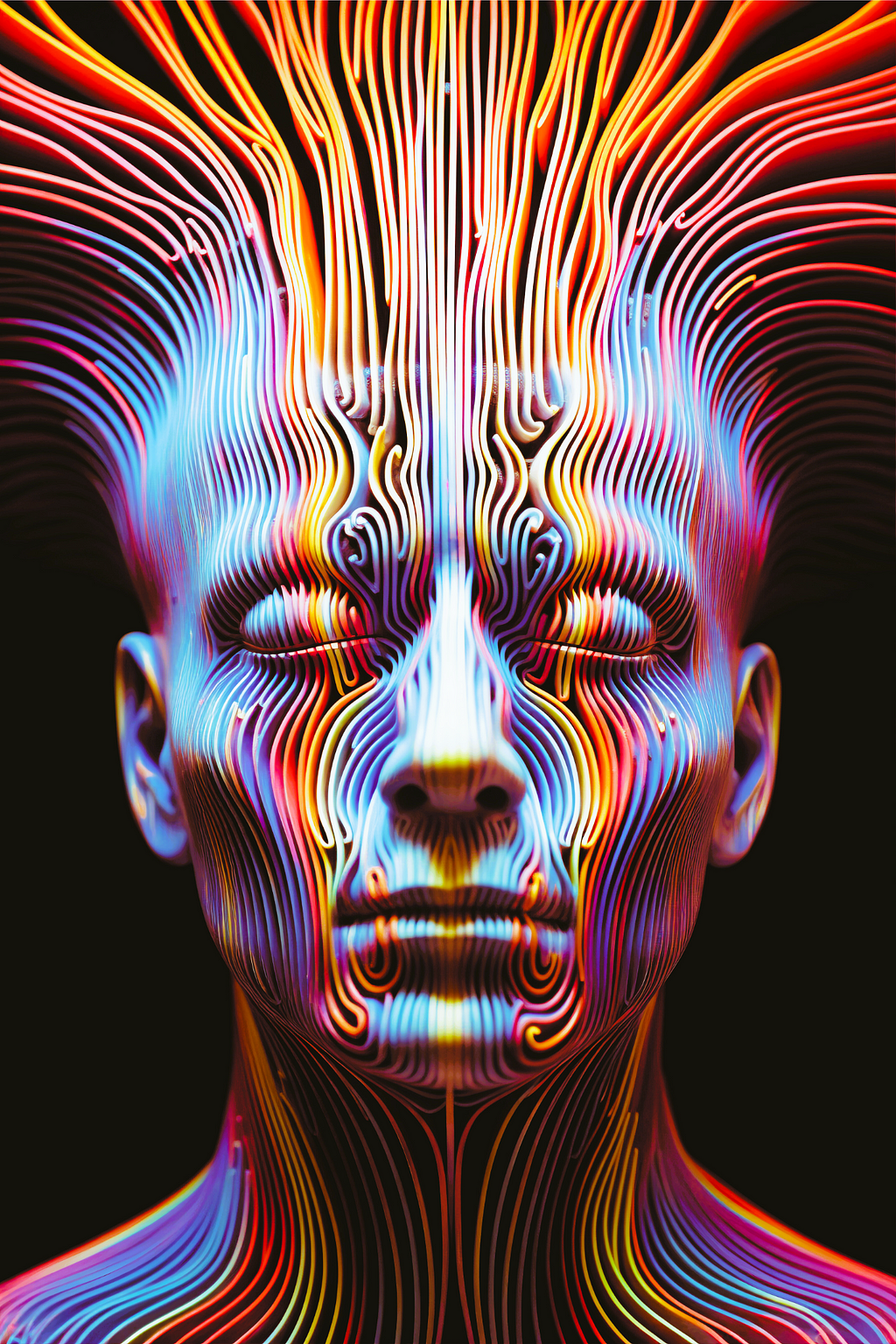 A computerized head/face generated by AI for spiritual awakening