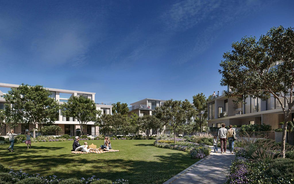 Greenway villa project render — open green space around townhouses durinng the day