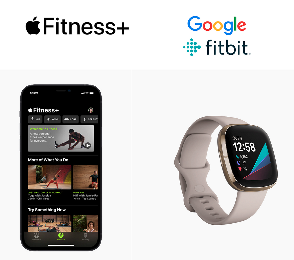 Side by side pictures of Apple Fitness+ and Google and Fitbit logos