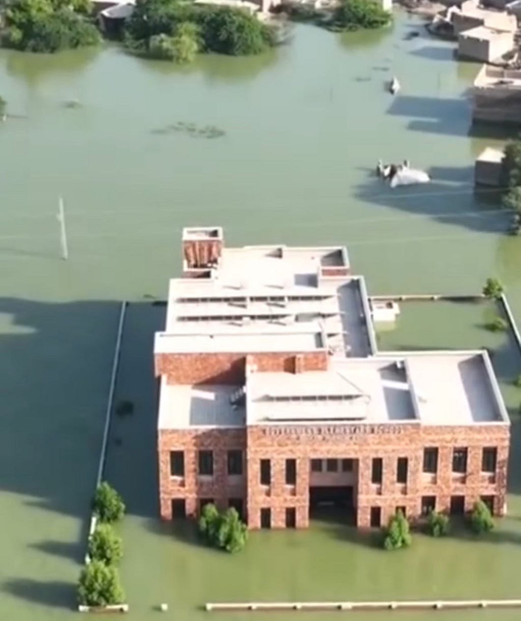 A high school in Pakistan surrounded by flood waters.