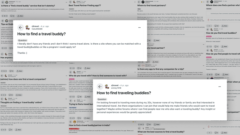 Reddit screenshots spanning 10 years, all seeking travel partners. It’s listed third in the FAQs on /solotravel wiki.