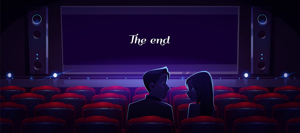 Loving couple in movie theater, man and woman look on each other sitting in empty cinema hall front of film end on white screen rear view. Love, romantic dating, relations, Cartoon vector illustration. Credit to adobe stock. https://stock.adobe.com/images/loving-couple-in-movie-theater-man-and-woman-look-on-each-other-sitting-in-empty-cinema-hall-front-of-film-end-on-white-screen-rear-view-love-romantic-dating-relations-cartoon-vector-illustration/414389442?prev_url=detail&asset_id=414389442