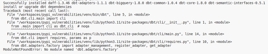 Error traceback ending with No module named dbt.adapters.factory