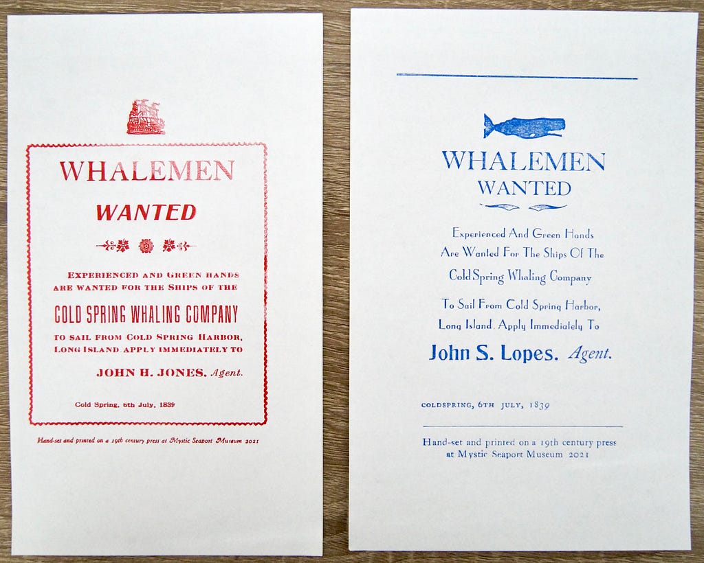 (left) A red ink advertisement with a box around “Whalemen Wanted”. (right) A blue ink advertisement for “Whalemen Wanted”.