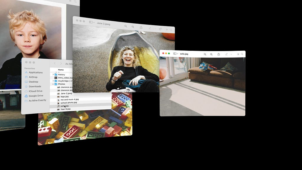 This still shows four digital photos and a folder containing more folders and images floating in black negative space. The images are slightly curved, as if being projected against a large circular wall. The photos depict a young Charlie Shackleton, his mother, sunbeams coming in through a sliding glass door, and a pile of colorful Legos.