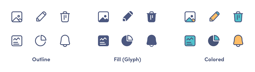 Three most common icons styles: Fill icons, Outlines icons, Colored icons