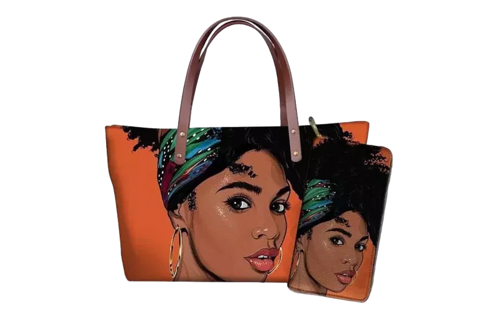 Women’ Tote Bag and wallet set with a graphic print of a beautiful black woman