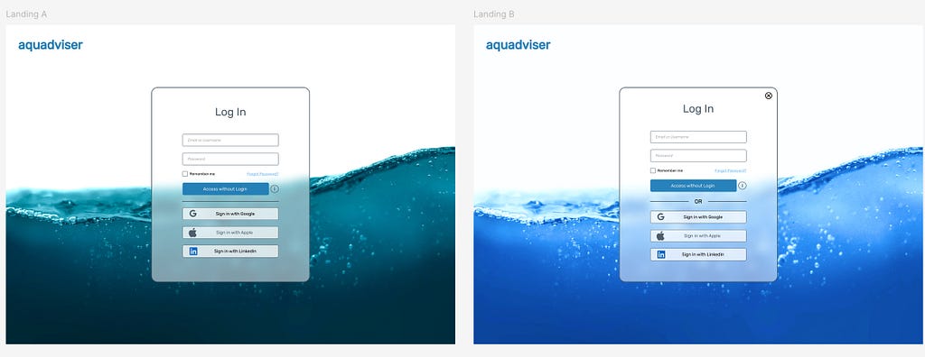 Two designs of landing page. One with deep greenish-blue and the other more vibrant option of blue.