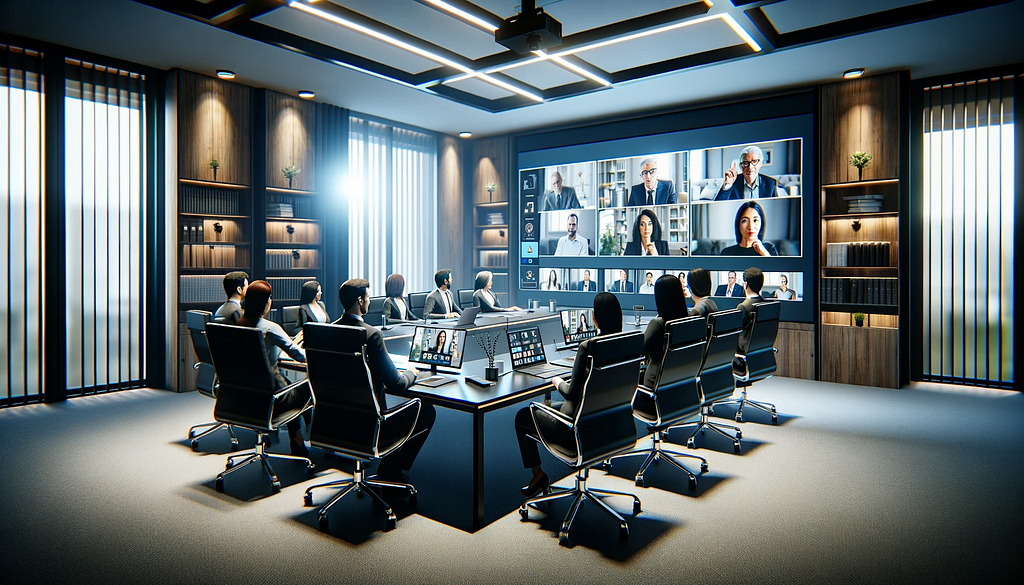 A virtual meeting room with advanced technology, showing multiple screens with video conference participants, highlighting a focused and interactive virtual meeting environment.