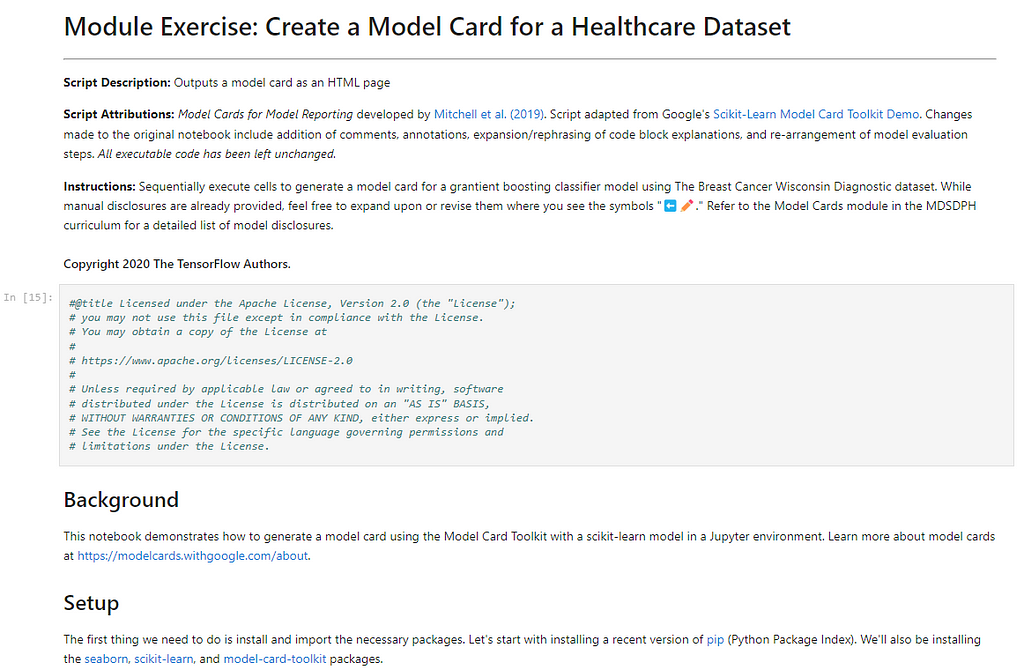 A piece of a screen capture from MDSD4Health Python Exercise 5, showing exercise introductory text and the beginnings of code cells. Visit https://colab.research.google.com/drive/1YuNq-NrjkjNAse0RR93n1MTKtxZ6gPub?usp=sharing for text.