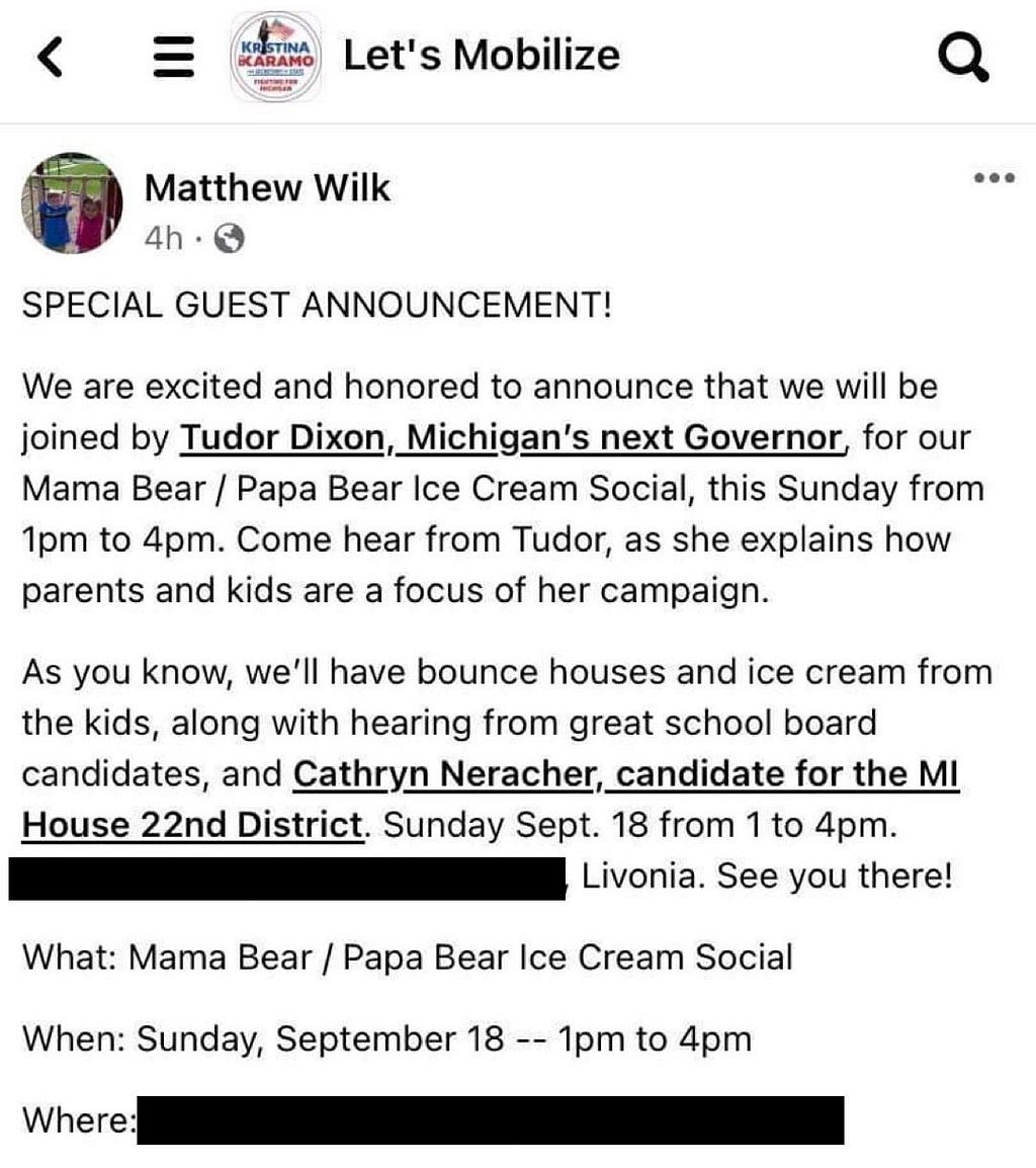 Promotional email for the “Mama Bear/Papa Bear” event touting GOP gubernatorial nominee Tudor Dixon as their guest speaker, along with a GOP state House nominee.