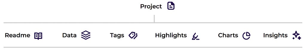 Imagem mostrando as funções internas de um projeto do dovetail: abaixo da função project existem as funções readme, data, tags, highlights, charts e insights.