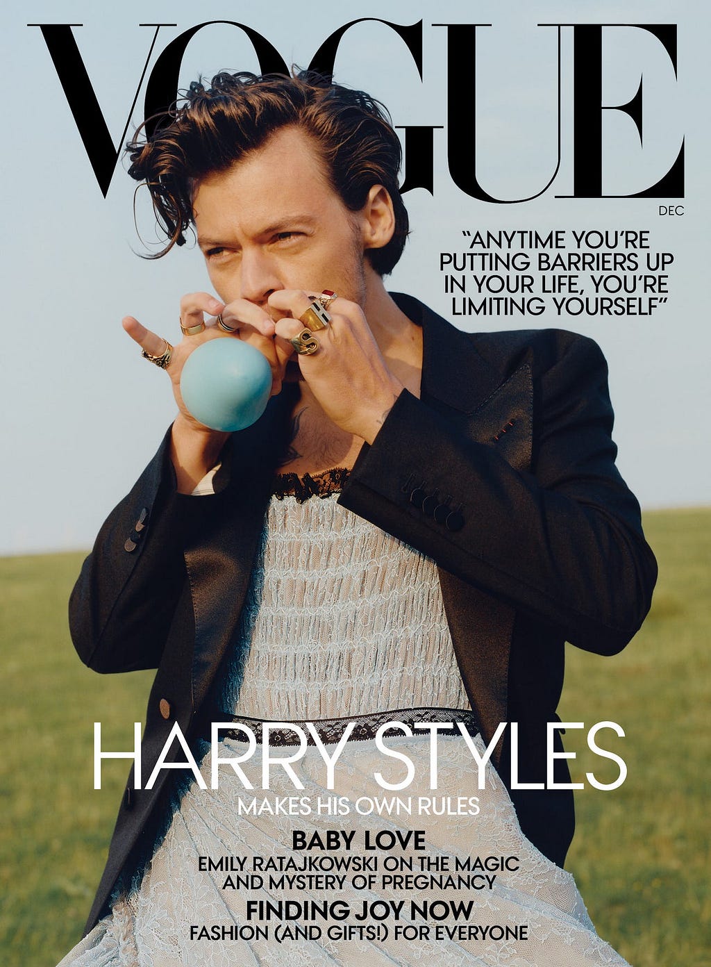 Harry Styles on the cover of the December 2020 issue of Vogue.