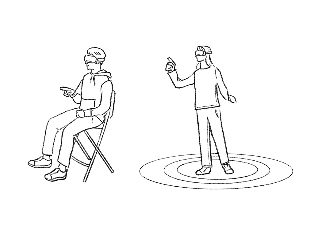 Sketch of a person sitting down using a VR headset and another person standing using a VR headset