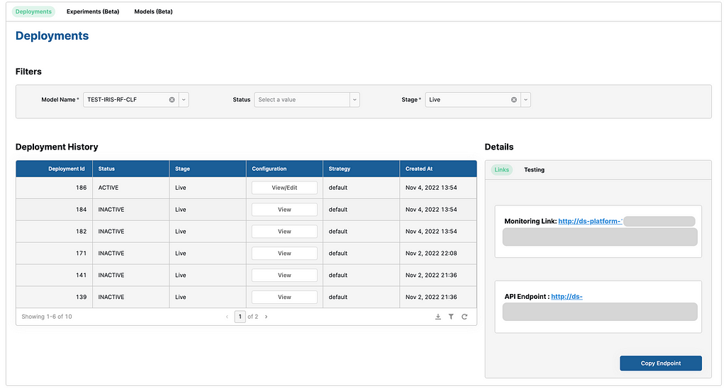 Platform deployment control panel — used by the data science team to manage models in prod/pre-prod/stage