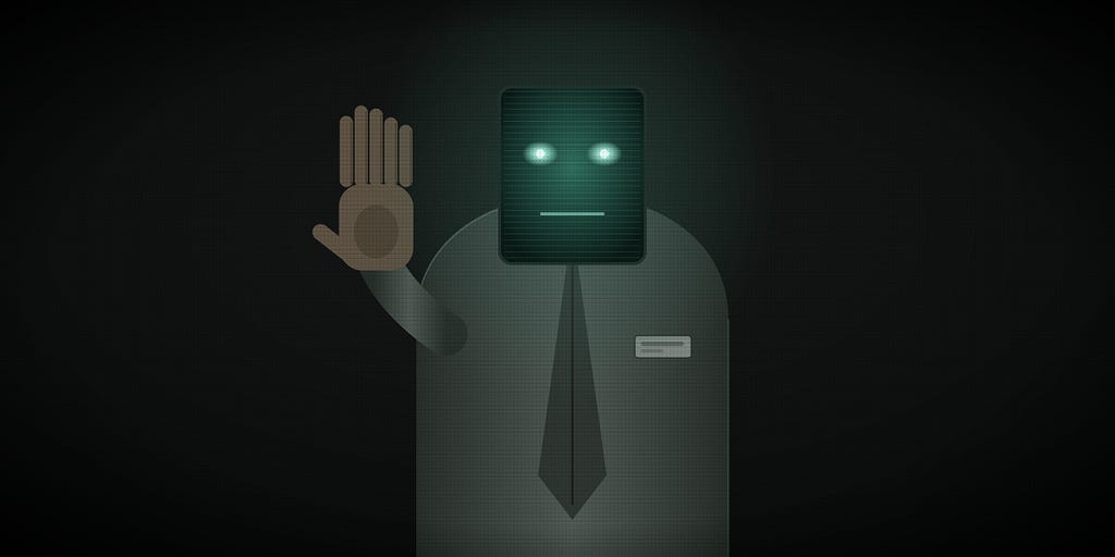 A looming figure in a dim lab coat with a blank, unreadable name badge, its head a glowing screen with hollow eyes and a flat, expressionless mouth. Its raised hand, held palm-out in a gesture of authority, has one finger too many.