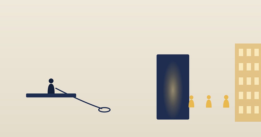 A dark figure at a desk grips a leash that trails to an open, empty collar on the floor. Behind them, gold figures walk out a doorway toward a second, brighter building.