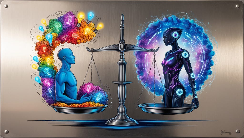 A balanced scale with a human on one side representing creativity and critical thinking, and an AI on the other side representing efficiency and speed.