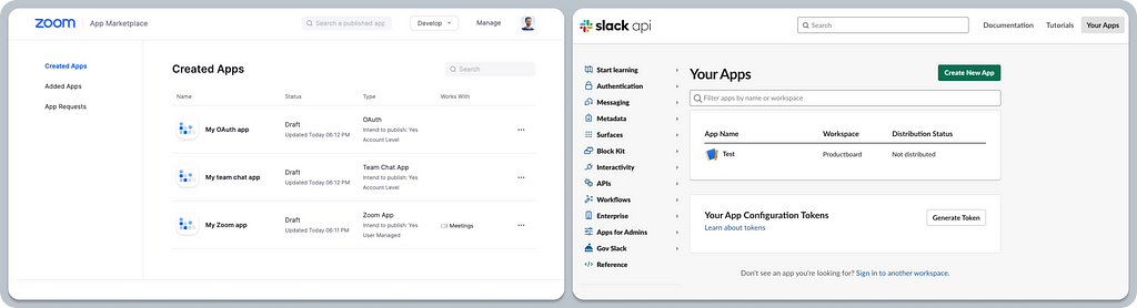 A composition of two screenshots of how users can review and manage their custom-built apps in the Zoom App Marketplace and Slack API.