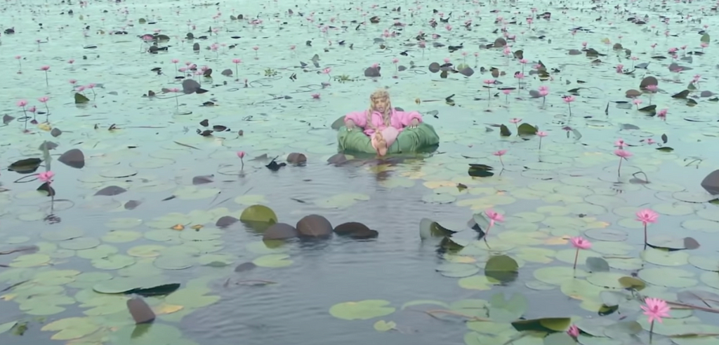 Music video still pictures musician M.I.A. wearing a bright pink top and bottoms, floating on a large lily pad in a sea-green pond filled with pink lotus plants.