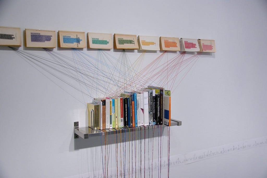 The Sustainabilitist Principles: Book shelf filled with books from smallest to largest, screen printed paper back books mounted to wall in a row above, embroidery floss interconnecting books on wall to books on shelf and then cascading to the floor.