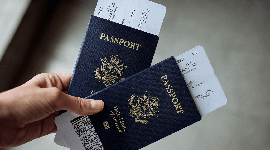 Two United States passports with boarding passes tucked inside.