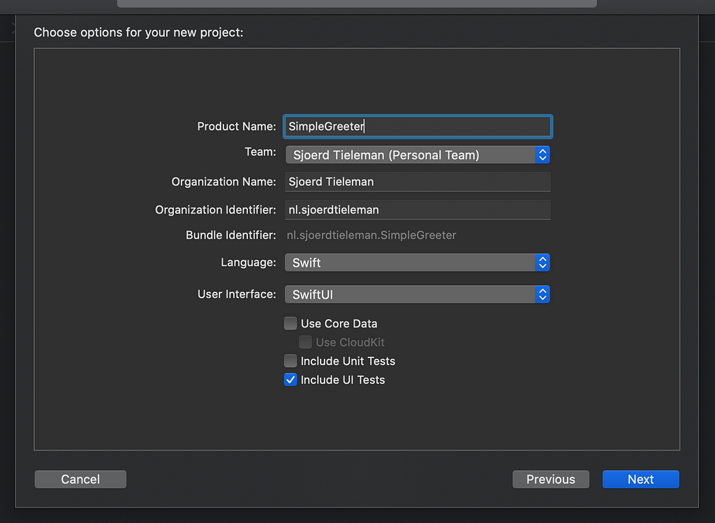 Options for new project dialog