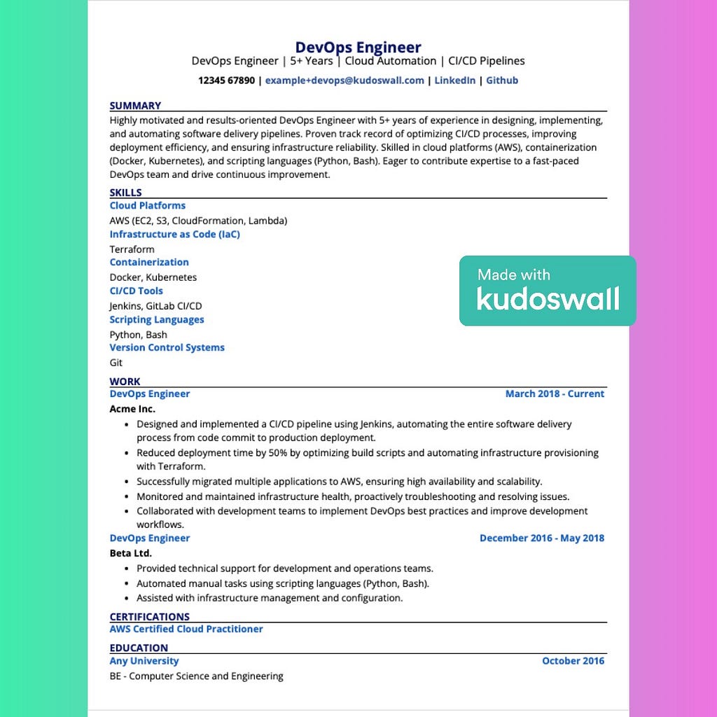 Example DevOps Engineer Resume Built Using KudosWall’s AI Resume Builder