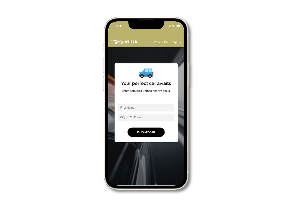 A phone on a white background. It has a screen mockup of a popup on a car buying app called Quicar, prompting the user to input their name and zip code.