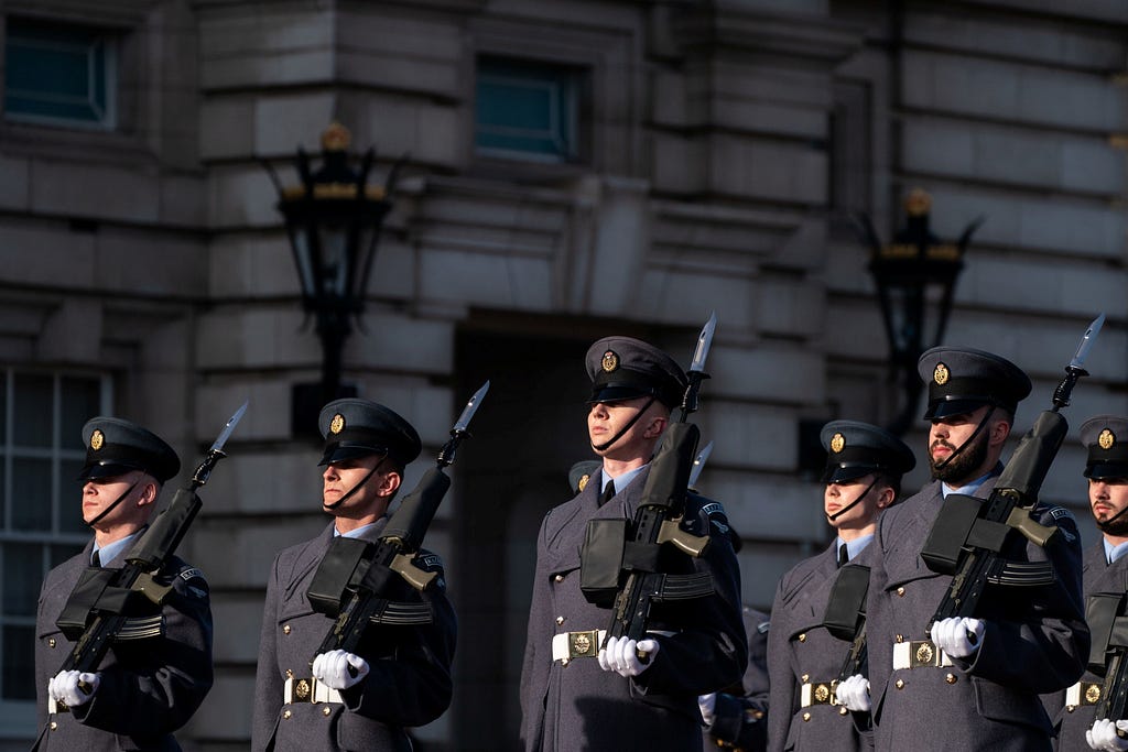 RAF troops during the Changing of the Guard ceremony on the forecourt of Buckingham Palace, London, February 1, 2022. Photo by Dominic Lipinski/Pool via Reuters