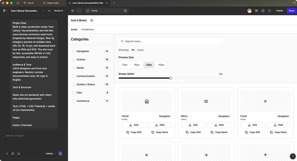 A screenshot of an AI-powered design tool interface. On the left, a dark sidebar displays a detailed project brief for an “Icon Library Documentation Site.” The main area shows a live preview of the generated web interface, featuring a categories list, a search bar, and customization controls for icon preview size and stroke width. Below these controls are cards for “Home,” “Menu,” and “Close” icons, each with download options for SVG and PNG, demonstrating a functional UI prototype.