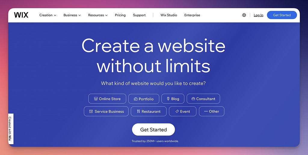 the homepage screenshot of Wix, one of the best website builders for SEO