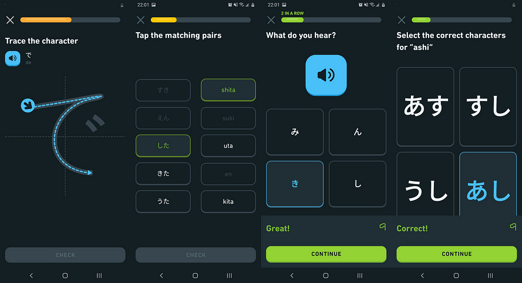 Screenshot of the 4 different types of alphabet practice in Duolingo