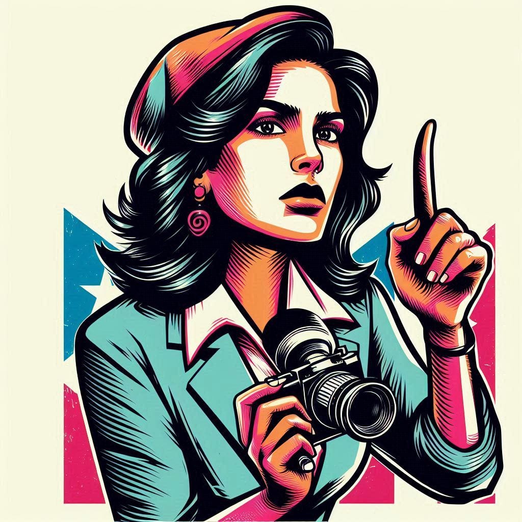 A colorful, AI-generated illustration of a female journalist, holding a camera in her left hand, extending her right index finger in gesture.