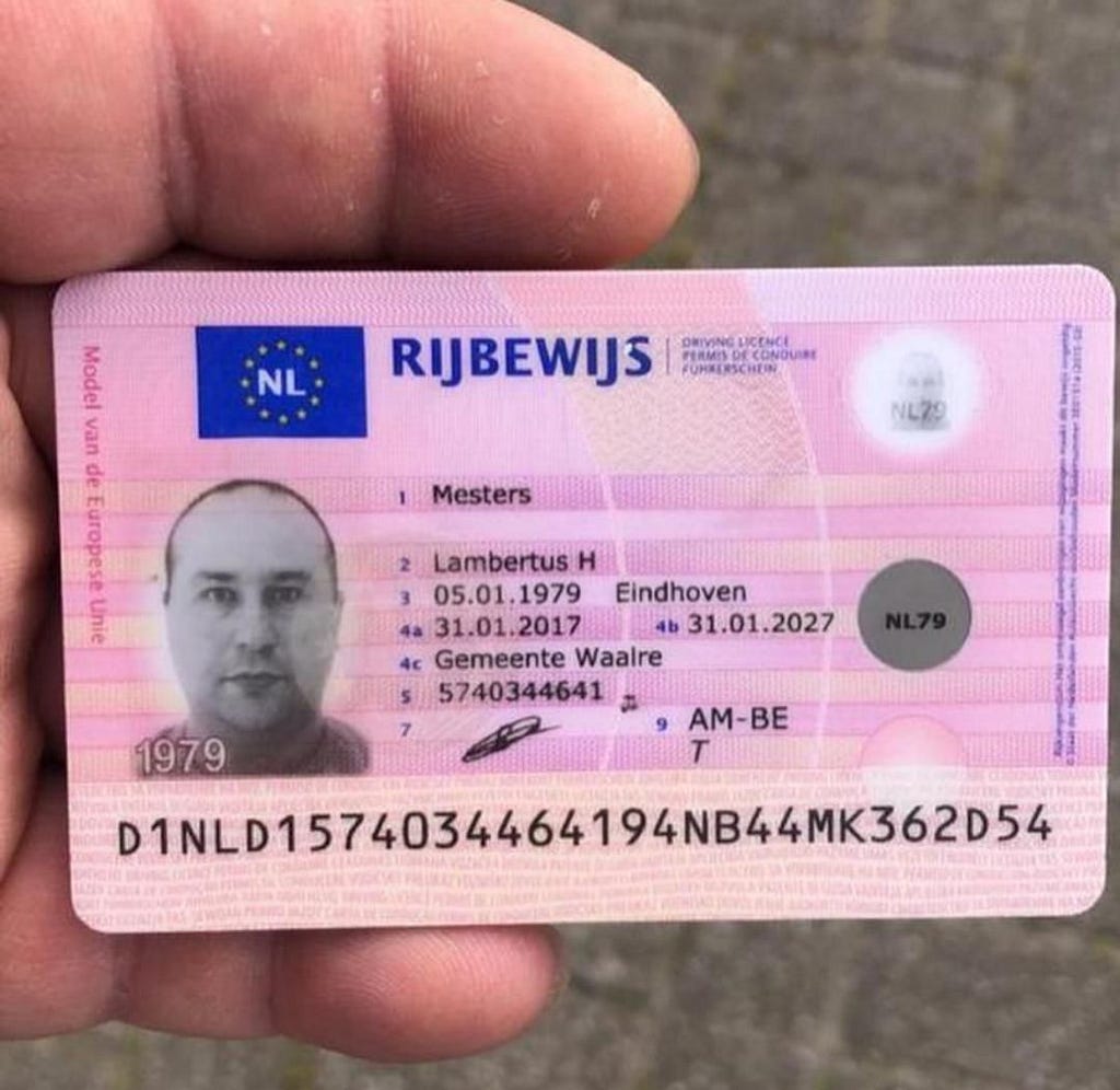 A photograph of a hand holding a Dutch driving license.