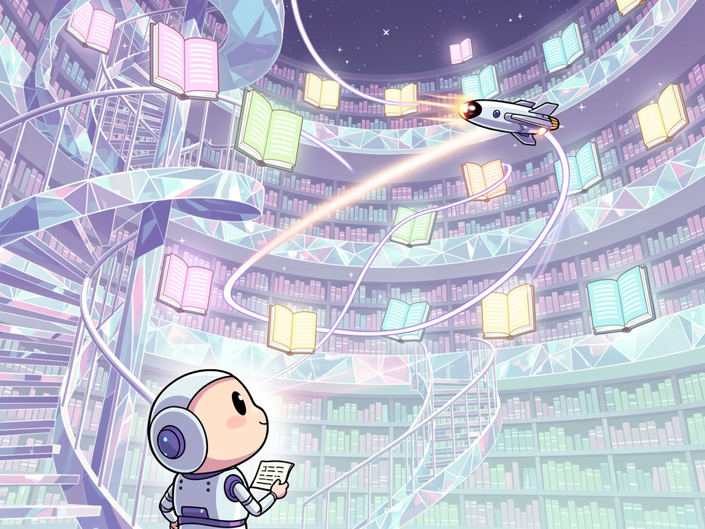 Stylized cartoon library with glowing book vectors connected by graph lines representing approximate nearest neighbor search