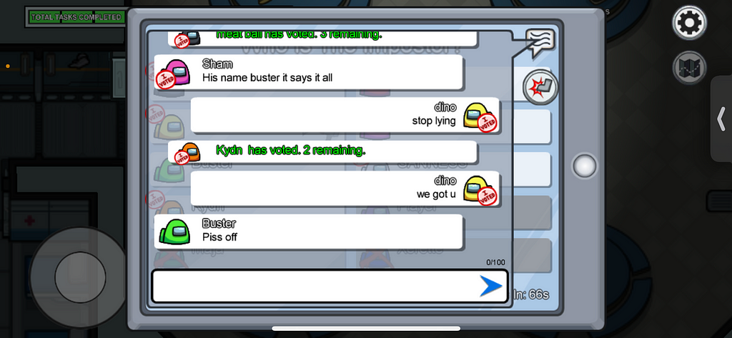 A screenshot of a different player (named Buster) getting mad after being voted as the imposter.