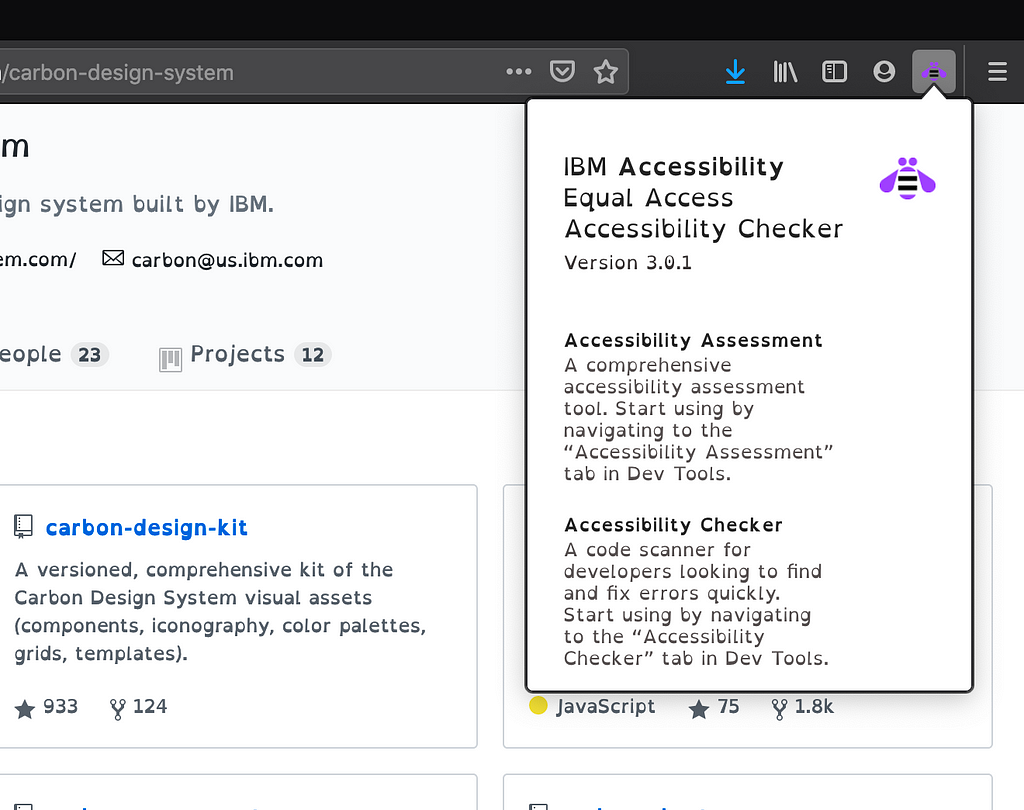 Screen shot of the Accessibility Checker plugin icon with menus